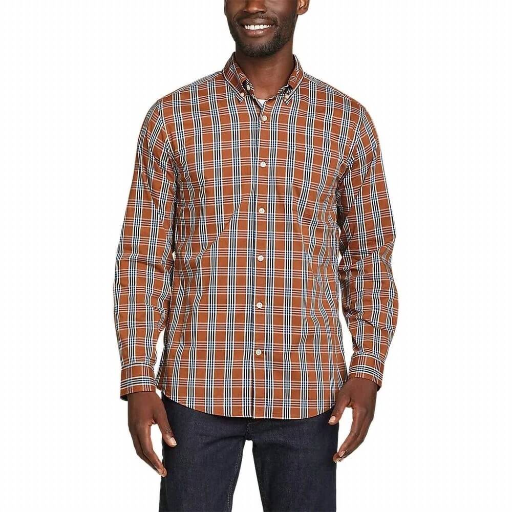 NEW EDDIE BAUER plaid long sleeve getaway flex button down shirt in rust